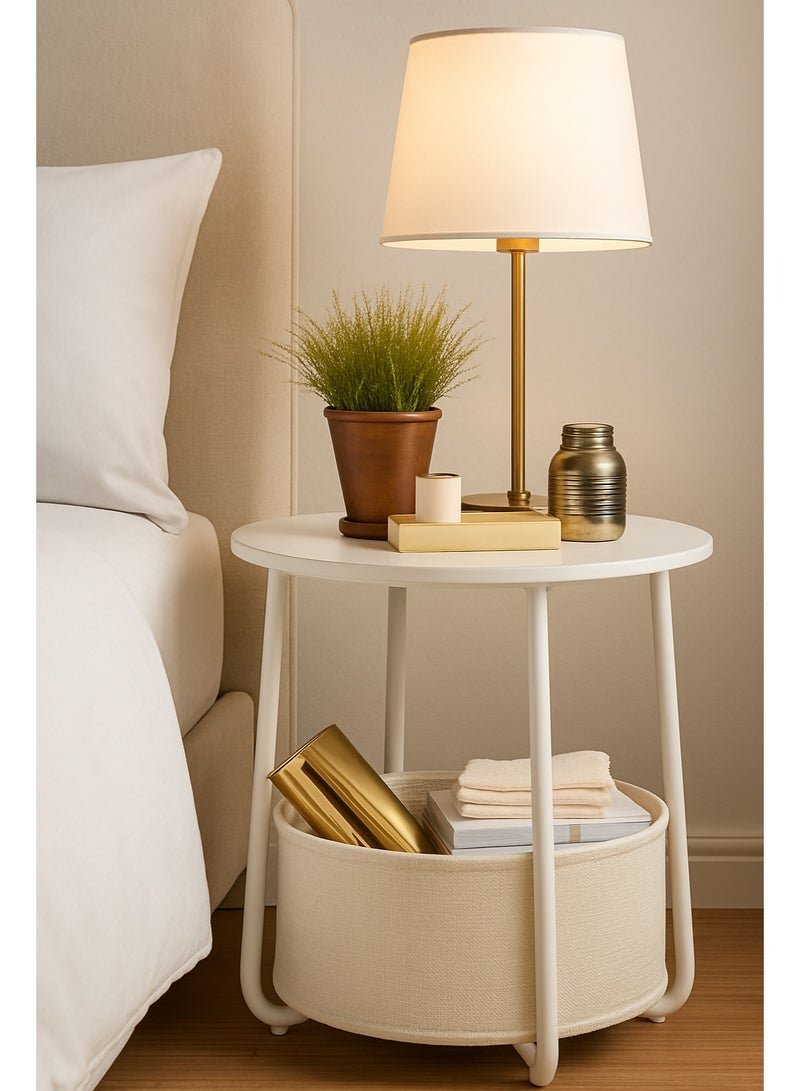 Lovstro White Round Side Table and End Table with Storage Basket – Modern Bedside Table, Wood & Metal Nightstand for Living Room or Bedroom, 44×44×49 cm - Image 1