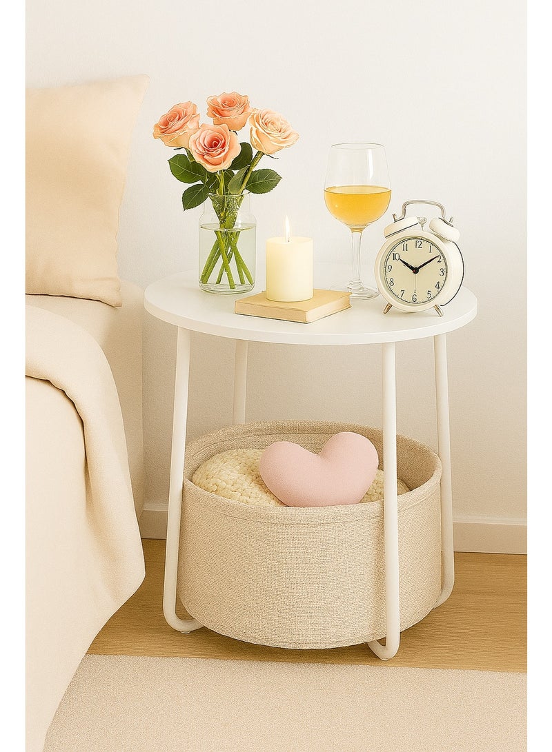 Lovstro White Round Side Table and End Table with Storage Basket – Modern Bedside Table, Wood & Metal Nightstand for Living Room or Bedroom, 44×44×49 cm - Image 4