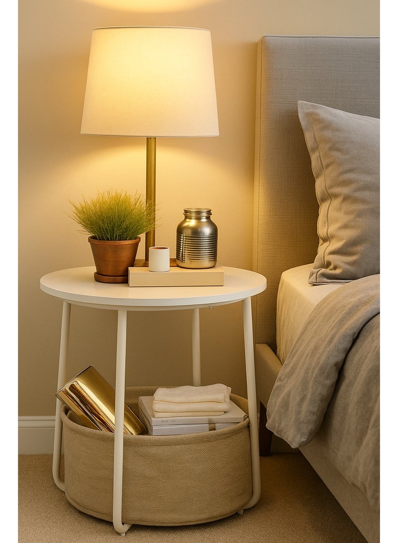 Lovstro White Round Side Table and End Table with Storage Basket – Modern Bedside Table, Wood & Metal Nightstand for Living Room or Bedroom, 44×44×49 cm - Image 3