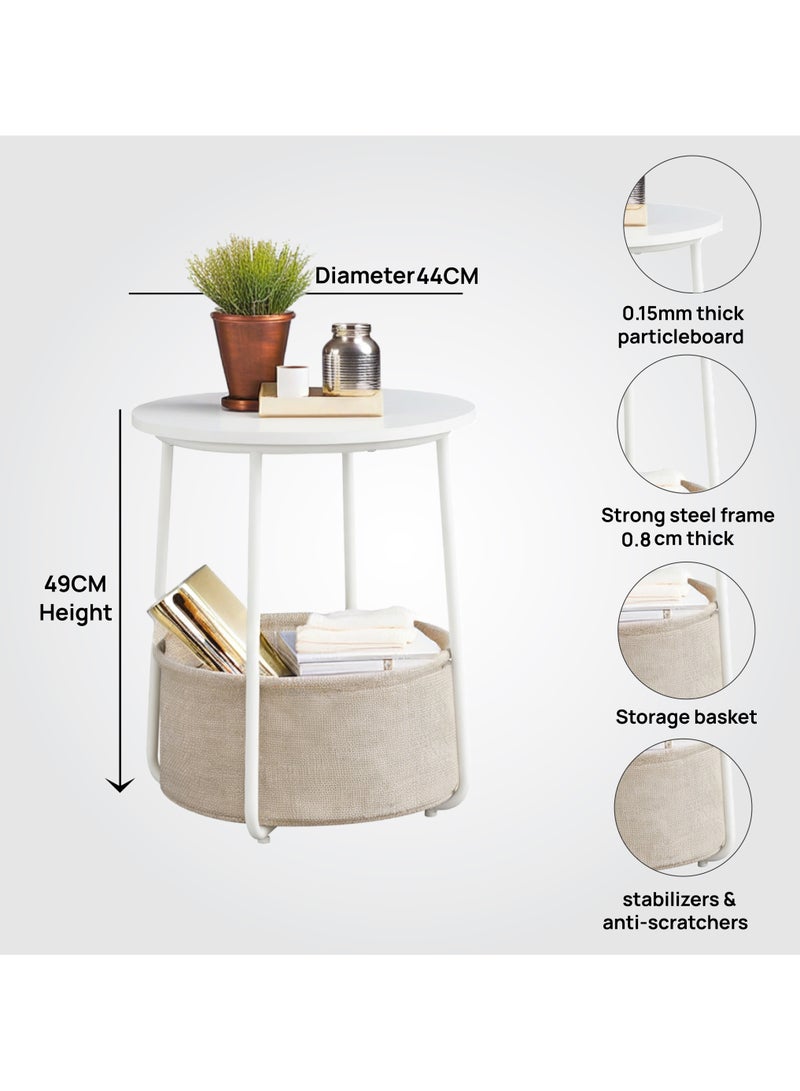 Lovstro White Round Side Table and End Table with Storage Basket – Modern Bedside Table, Wood & Metal Nightstand for Living Room or Bedroom, 44×44×49 cm - Image 5