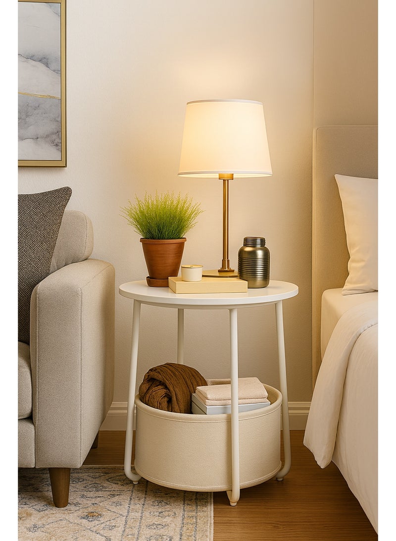 لوفسترو طاولة جانبية دائرية مع سلة تخزين – طاولة سرير جانبية حديثة باللون الأبيض لغرفة النوم أو المعيشة، بتصميم خشبي ومعدني 44×44×49 سم - Image 1