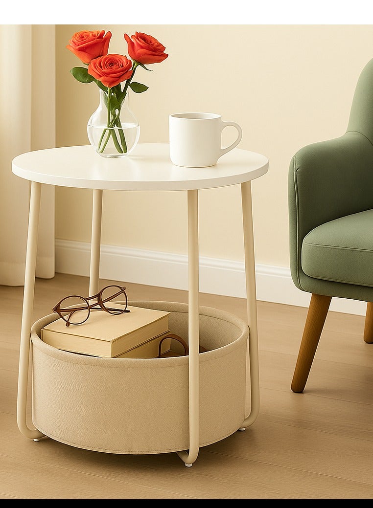 لوفسترو طاولة جانبية دائرية مع سلة تخزين – طاولة سرير جانبية حديثة باللون الأبيض لغرفة النوم أو المعيشة، بتصميم خشبي ومعدني 44×44×49 سم - Image 4