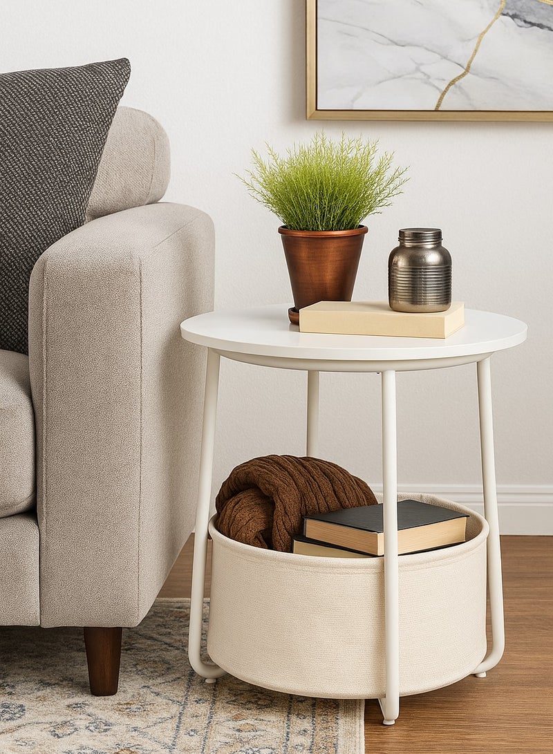 Lovstro White Side Table, Bedside Table Nightstand with Storage Basket – Modern Wood & Metal End Table for Living Room or Bedroom – 44×44×49 cm - Image 3