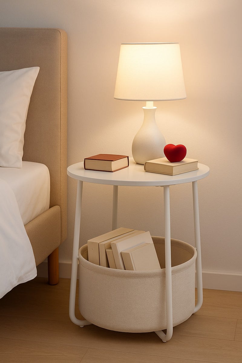 Lovstro White Side Table, Bedside Table Nightstand with Storage Basket – Modern Wood & Metal End Table for Living Room or Bedroom – 44×44×49 cm - Image 2