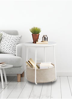 Lovstro Round Side Table with Storage Basket, Laptop End table, Corner Wood Table for Living Room, Bedroom Nightstand 44x44x49cm (White)  - Image 1