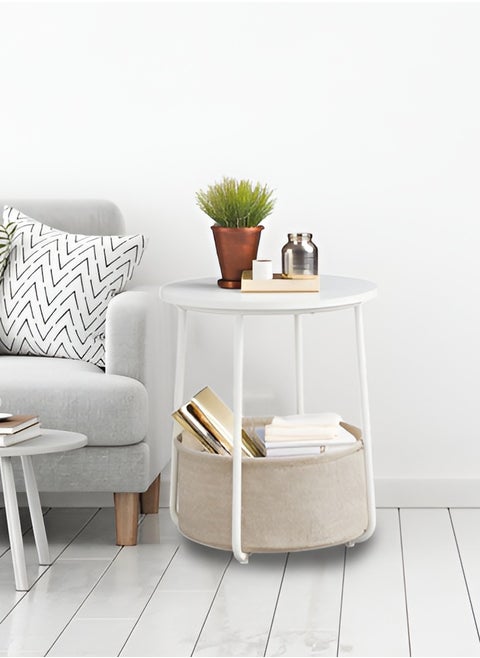 Round Side Table with Storage Basket, Laptop End table, Corner Wood Table for Living Room, Bedroom Nightstand 44x44x49cm (White)