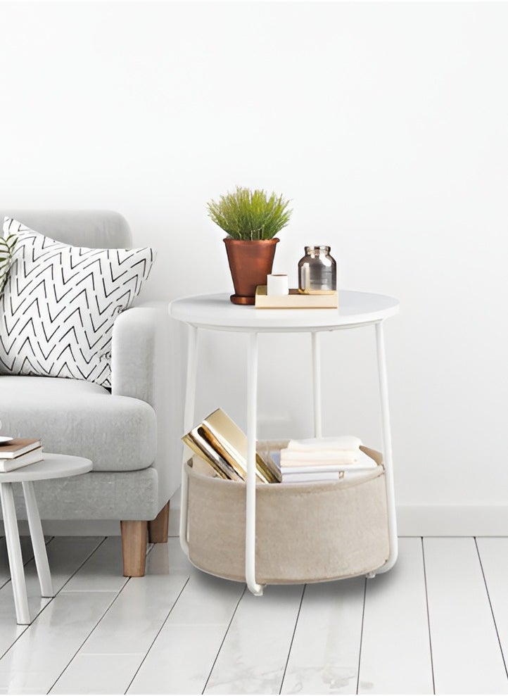 Lovstro - Round Side Table with Storage Basket, Laptop End table, Corner Wood Table for Living Room, Bedroom Nightstand 44x44x49cm (White) - Image 1