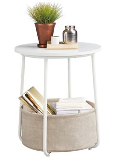 Lovstro Round Side Table with Storage Basket, Laptop End table, Corner Wood Table for Living Room, Bedroom Nightstand 44x44x49cm (White)  - Image 2