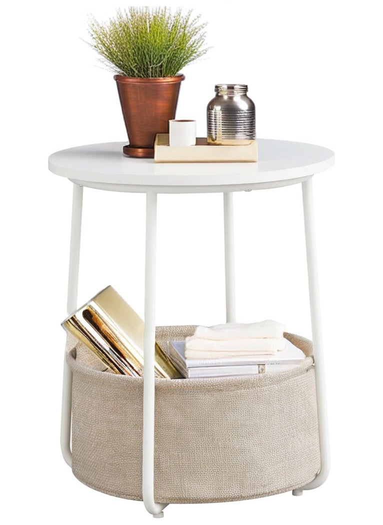 Lovstro - Round Side Table with Storage Basket, Laptop End table, Corner Wood Table for Living Room, Bedroom Nightstand 44x44x49cm (White) - Image 1