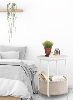 Lovstro Round Side Table with Storage Basket, Laptop End table, Corner Wood Table for Living Room, Bedroom Nightstand 44x44x49cm (White)  - Image 3