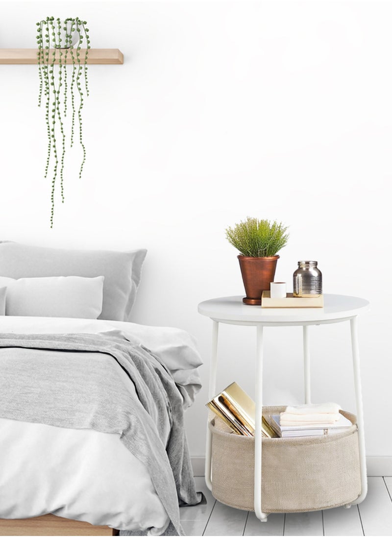 Lovstro - Round Side Table with Storage Basket, Laptop End table, Corner Wood Table for Living Room, Bedroom Nightstand 44x44x49cm (White) - Image 1