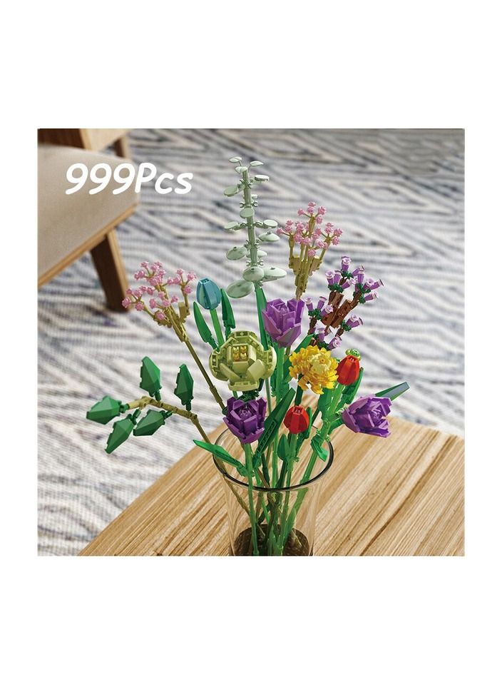 1-Set New 999 Blocks Flower Series Decoration Building,Rose Sunflower Bouquet Bricks Assembly Toys Holiday Gift for Home Ornaments,Flower Type Rose - Image 1