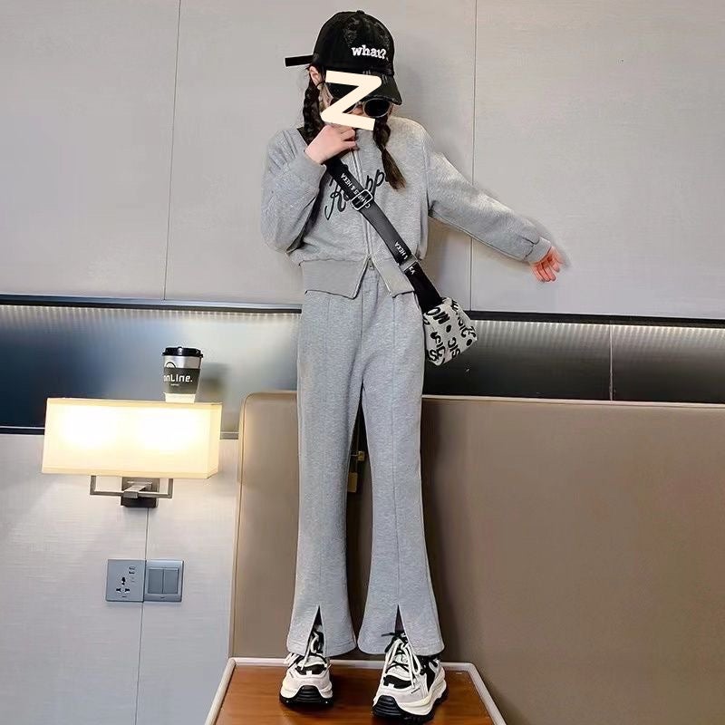 Girls Autumn Coat suit 2024 New Fashionable Western Style Zipper Cardigan Trendy Two-Piece Set Gray
