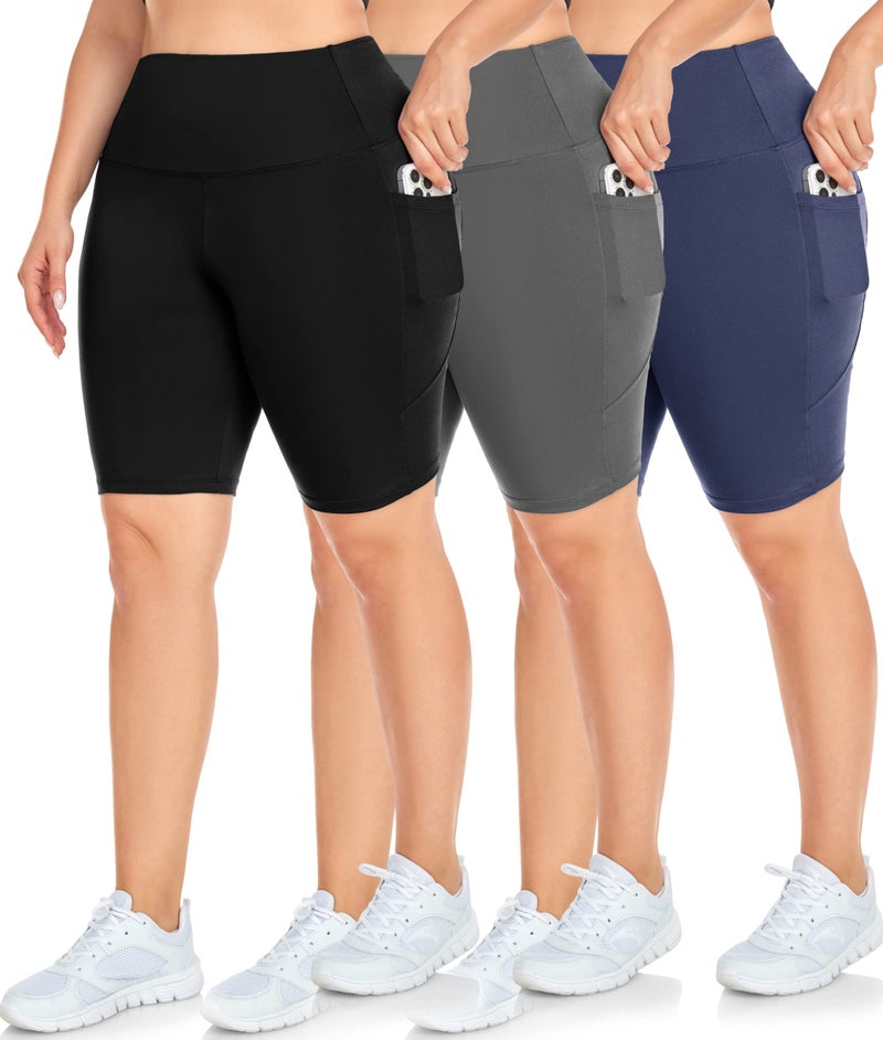 NEW YOUNG 3 Pack Plus Size Biker Shorts with Pockets for Women-High Waisted 8" Yoga Pants Workout Shorts - Image 1
