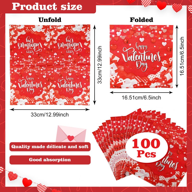Lecheme 100-Count Happy Valentineâ€™s Day Napkins Disposable Valentine Napkins Red Heart Valentine Cocktail Napkins for Guests Dinner Lunch Decoration Napkins Valentines Day Party Supplies - Image 2