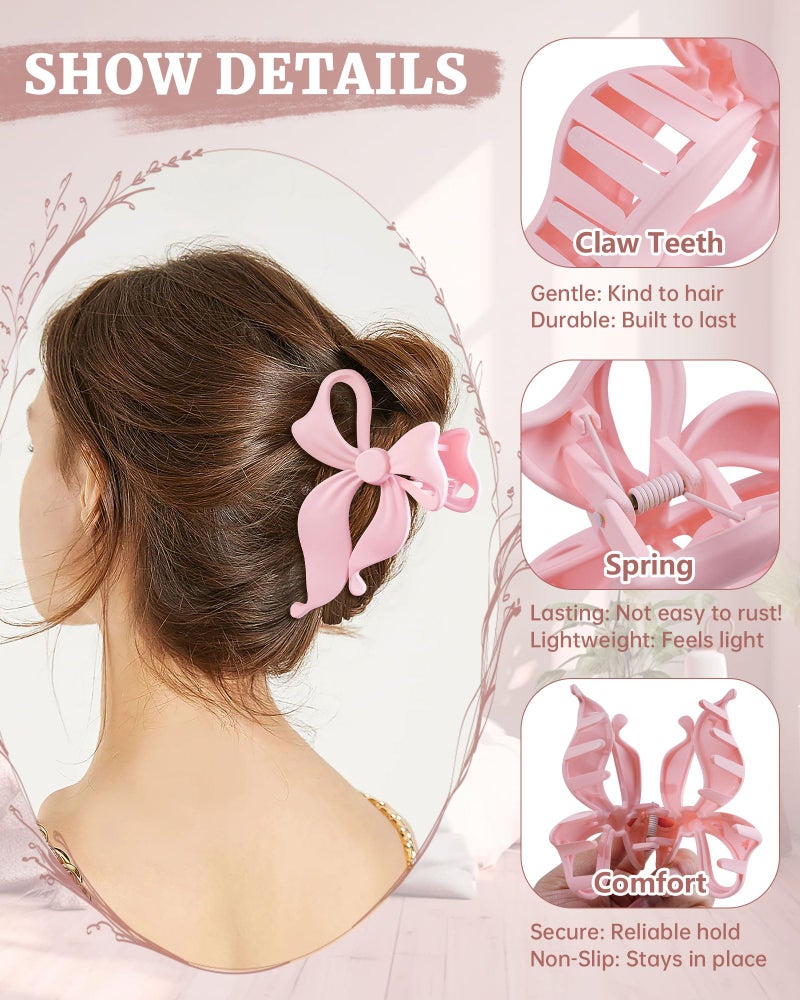 Mesovor 4 Pack Cute Bow Claw Clip for Women, Nonslip Large Matte Strong Hold Bows Hair Clips for Thin and Thick Hair | Chic Hair Styling Accessories (4.1" Black, Brown, Beige, Pink) - Image 3