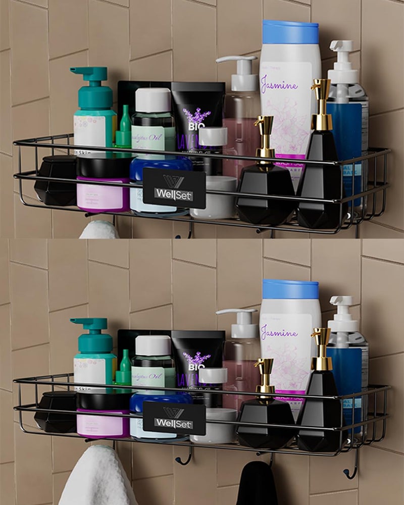 Well Set رف حمام متعدد الاستخدامات ذاتي اللصق مع خطافات/حامل مناشف/رف/إكسسوارات حمام - تثبيت على الحائط - عبوة من 2 (أسود، مطلي بالبودرة) - Image 1