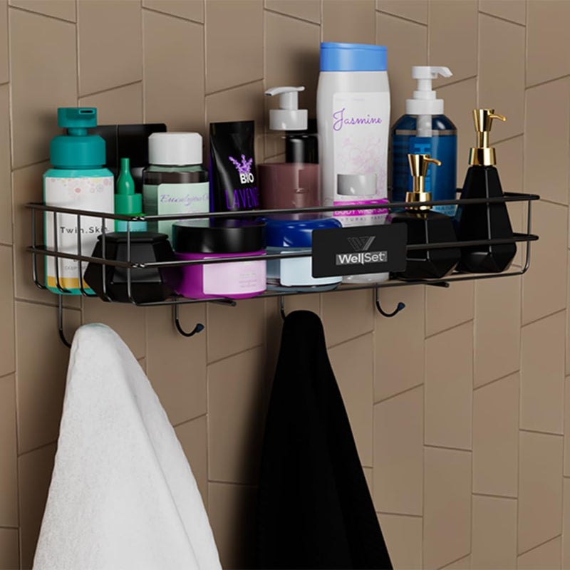 Well Set رف حمام متعدد الاستخدامات ذاتي اللصق مع خطافات/حامل مناشف/رف/إكسسوارات حمام - تثبيت على الحائط - عبوة من 2 (أسود، مطلي بالبودرة) - Image 4