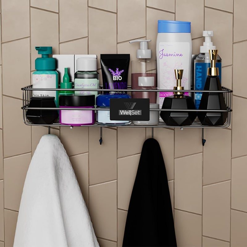 Well Set رف حمام متعدد الاستخدامات ذاتي اللصق مع خطافات/حامل مناشف/رف/إكسسوارات حمام - تثبيت على الحائط - عبوة من 2 (أسود، مطلي بالبودرة) - Image 3