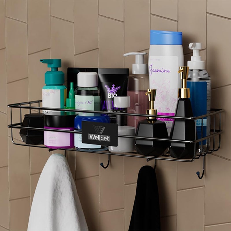 Well Set رف حمام متعدد الاستخدامات ذاتي اللصق مع خطافات/حامل مناشف/رف/إكسسوارات حمام - تثبيت على الحائط - عبوة من 2 (أسود، مطلي بالبودرة) - Image 2