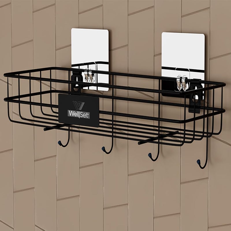 Well Set رف حمام متعدد الاستخدامات ذاتي اللصق مع خطافات/حامل مناشف/رف/إكسسوارات حمام - تثبيت على الحائط - عبوة من 2 (أسود، مطلي بالبودرة) - Image 5