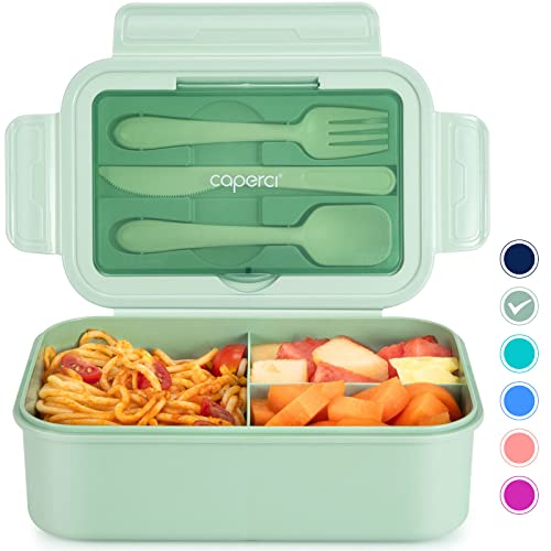 Caperci Classic Bento Box Adult Lunch Box for Older Kids  Leakpoof 47 oz 3Compartment Lunch Containers for Adults and Teens Builtin Utensil Set Ideal for OntheGo Balanced Eating Green