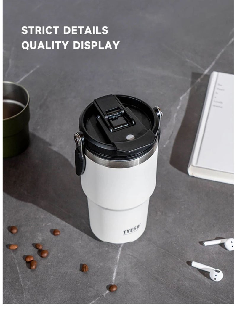 TYESO Stainless Steel Coffee Cup Cold And Hot Double-layer Insulated Cup Tumbler Thermo Water Bottle with Straw and Handle (White) 600ml - Image 2