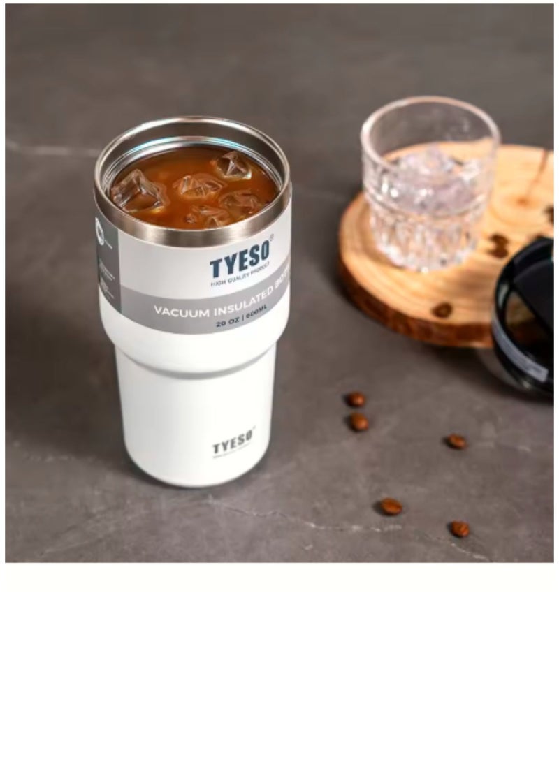 TYESO Stainless Steel Coffee Cup Cold And Hot Double-layer Insulated Cup Tumbler Thermo Water Bottle with Straw and Handle (White) 600ml - Image 3