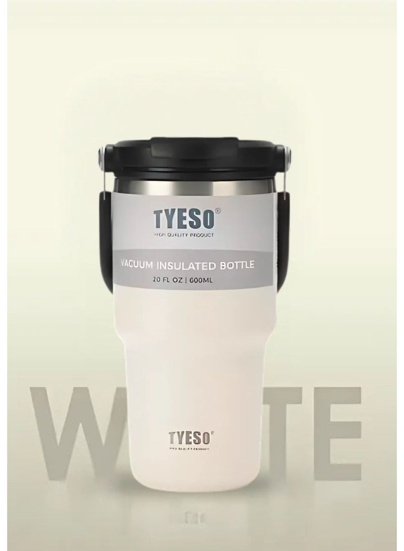 TYESO Stainless Steel Coffee Cup Cold And Hot Double-layer Insulated Cup Tumbler Thermo Water Bottle with Straw and Handle (White) 600ml - Image 4