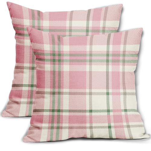 Aytipun Easter Plaid Pillow Covers 18x18 Set of 2 Pink Green Buffalo Checkered Print Spring Holiday Tartan Decorative Pillowcases Seasonal Outdoor Farmhouse Throw Cushion Case Decor for Couch Sofa Bed - Image 1