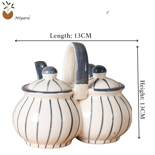 Niyara Multipurpose Storage Ceramic Pickle set Jars & with Lid & tray (Set of 2, 300 ML) (Grey line design) - Image 5