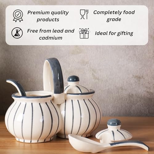 Niyara Multipurpose Storage Ceramic Pickle set Jars & with Lid & tray (Set of 2, 300 ML) (Grey line design) - Image 4