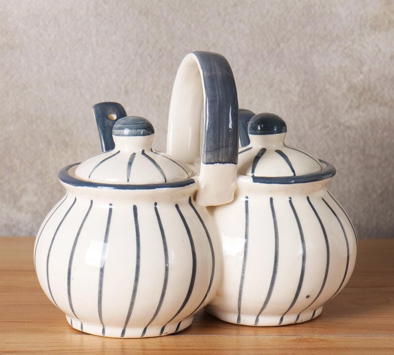 Niyara Multipurpose Storage Ceramic Pickle set Jars & with Lid & tray (Set of 2, 300 ML) (Grey line design) - Image 2
