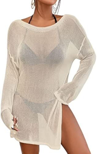 Bsubseach Crochet Cover Ups for Women Bathing Suit Cover Up Dress Mesh Beach Top Apricot - Image 1