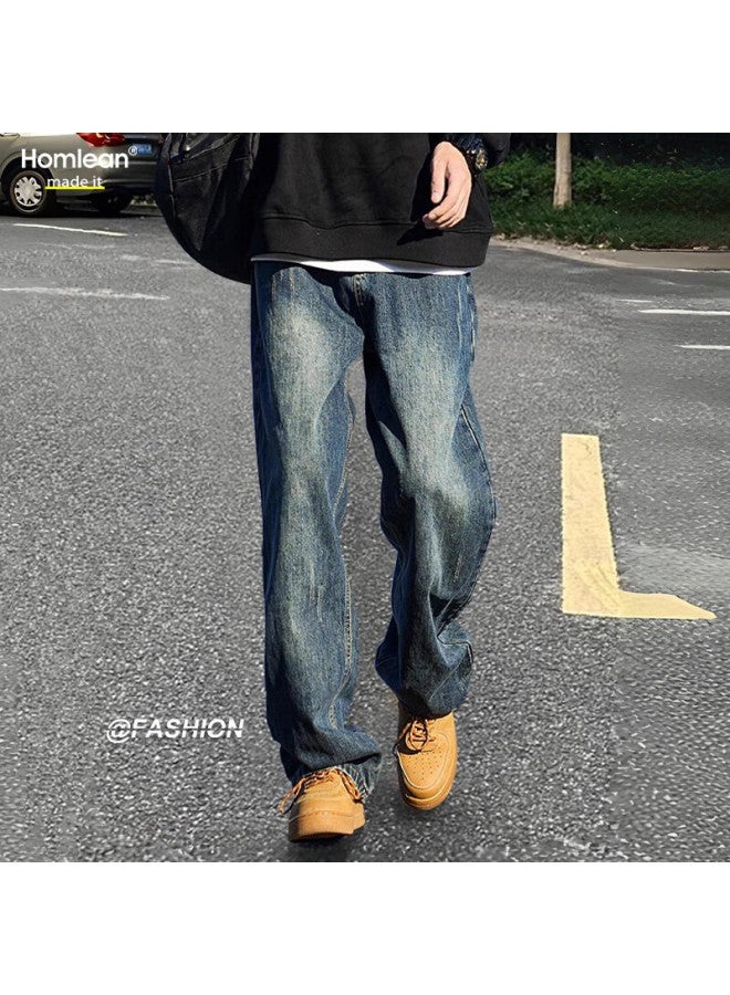 Homlean Street Retro Jeans For Men, Winter Season, Niche Trendy American-style Versatile Washed Long Pants, 05 Vintage Blue, XL - Image 1