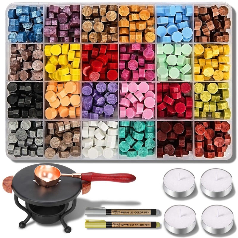 YIPLED Sealing Wax Kit - 728 Pcs With 24 Color Beads, 2 Pens, Warmer, Stamp Spoon and Candles for Gift & Envelope Sealing, Wedding Invitation - Image 1