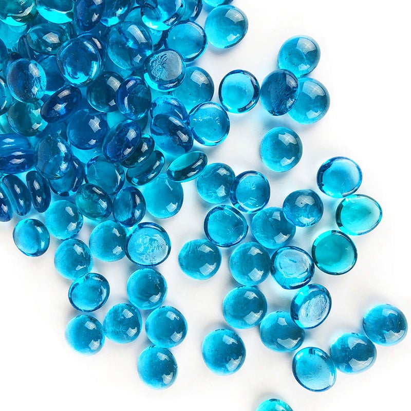 CYS EXCEL Light Blue Glass Gemstone Beads Vase Fillers 2 LBS Flat Marble Beads Multiple Color Choices Aquarium Decor Rocks Floral Stones Decorative Mosaic Glass Gem Pebbles
