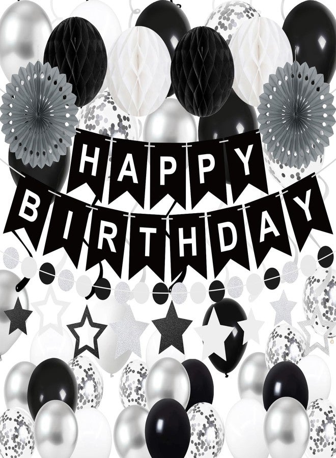 Yunfan 69Pcs Birthday Decorations Black Happy Birthday Banner Balloons Paper Fans Honeycomb Balls Hanging Swirl Stars Garland Party Decorations for Men Women Wednesday Halloween - Image 1
