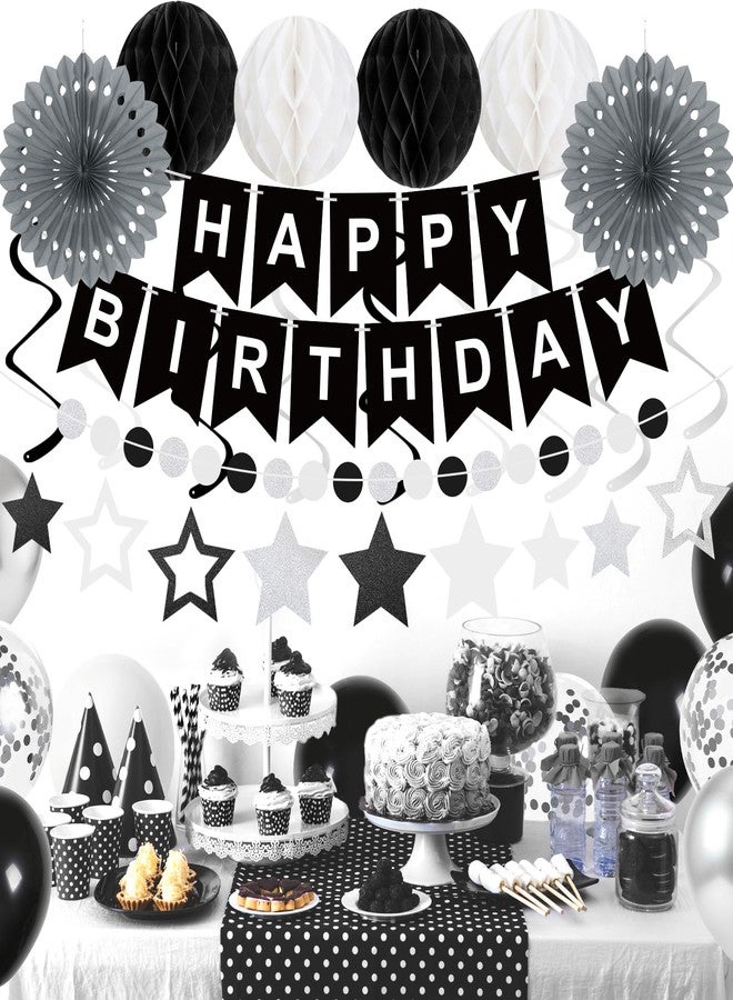 Yunfan 69Pcs Birthday Decorations Black Happy Birthday Banner Balloons Paper Fans Honeycomb Balls Hanging Swirl Stars Garland Party Decorations for Men Women Wednesday Halloween - Image 2