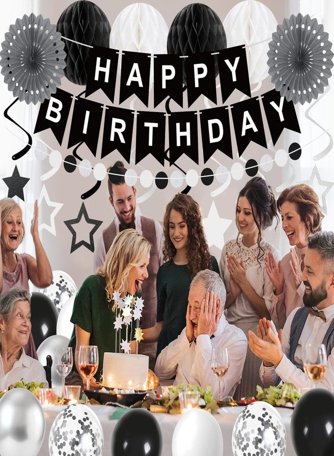 Yunfan 69Pcs Birthday Decorations Black Happy Birthday Banner Balloons Paper Fans Honeycomb Balls Hanging Swirl Stars Garland Party Decorations for Men Women Wednesday Halloween - Image 5