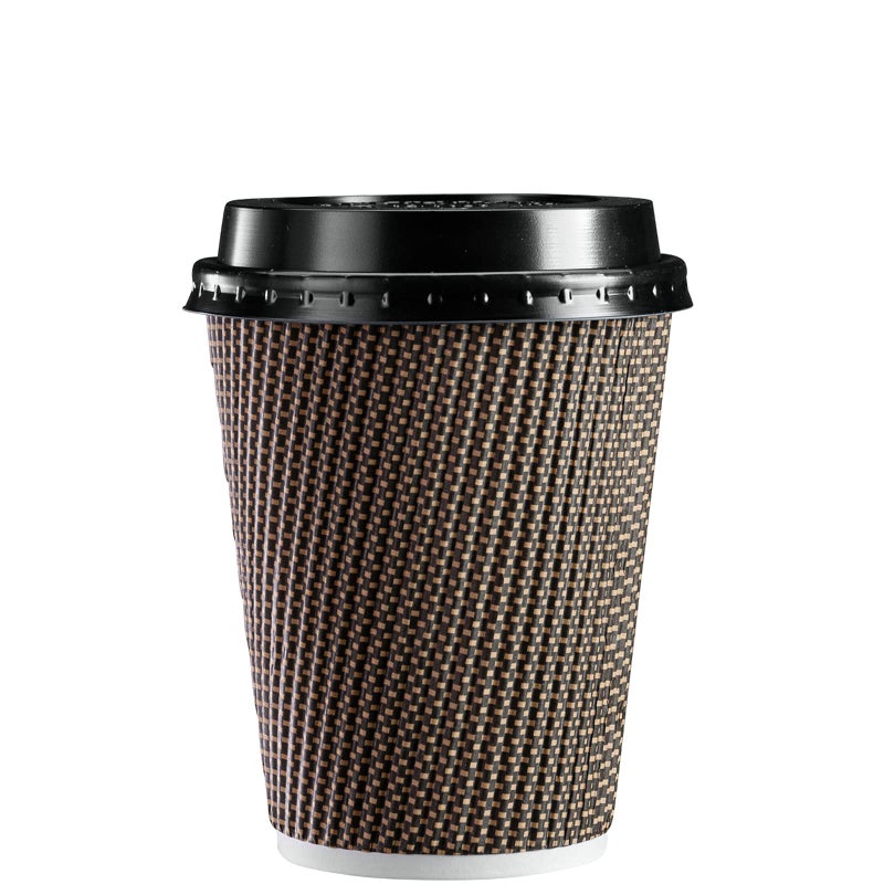 GUSTO 12 oz  50 Sets Insulated Brown Patterned Ripple Paper Hot Coffee Cups With Lids Lids Color May Vary  Ideal for Hot Beverages Travel and Office Use  Formerly Comfy Package
