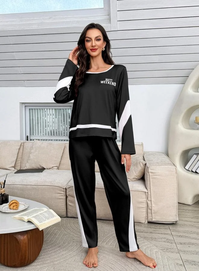 Take Two  Black Side Stripe Printed T-Shirt and Pyjama Set for Women | Best Price UAE