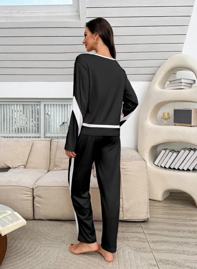 Take Two  Black Side Stripe Printed T-Shirt and Pyjama Set for Women | Best Price UAE
