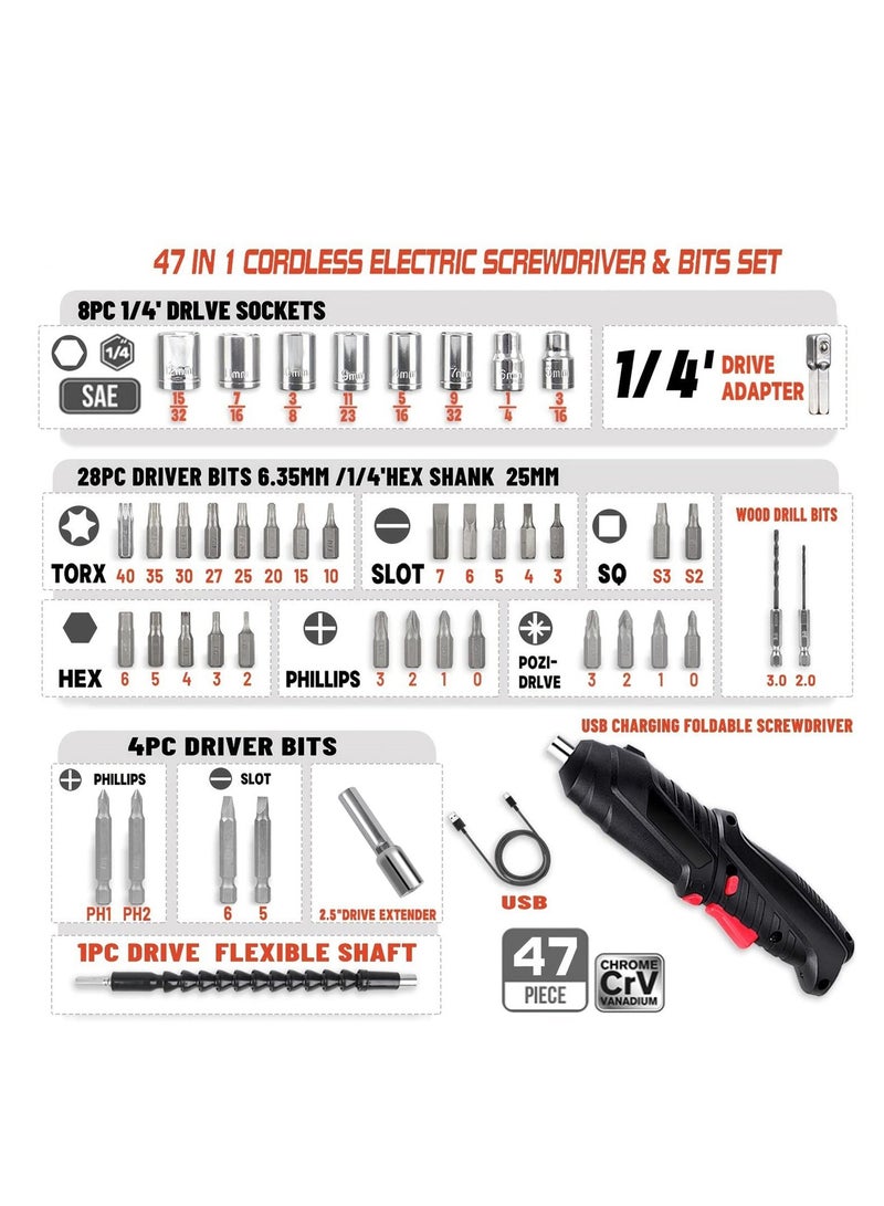 SYOSI Electric Screwdriver, 4.2V Cordless Screwdriver Rechargeable with 44pcs Screwdriver Bit Set, Front LED Light, Flexible Shaft Carrying Case, Easy for Small Home Projects, Micro USB - Image 2