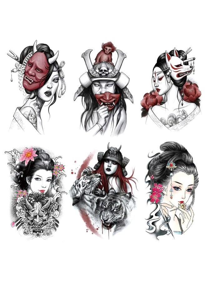 Oottati 6 Sheets Arm Fake Waterproof Temporary Tattoos Stickers Japanese Geisha Samurai Women Tiger Prajna Dark Red Blood - Image 1