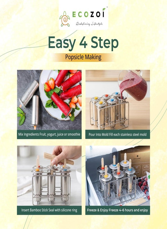 ecozoi Stainless Steel Popsicle Molds, 6 Metal Ice Popsicle Makers, 30 Reusable Bamboo Sticks, 12 Silicone Seals and 1 Rack, Eco Popsicle Molds for Kids and Adults, 3 oz Per Mold (Round) - Image 2