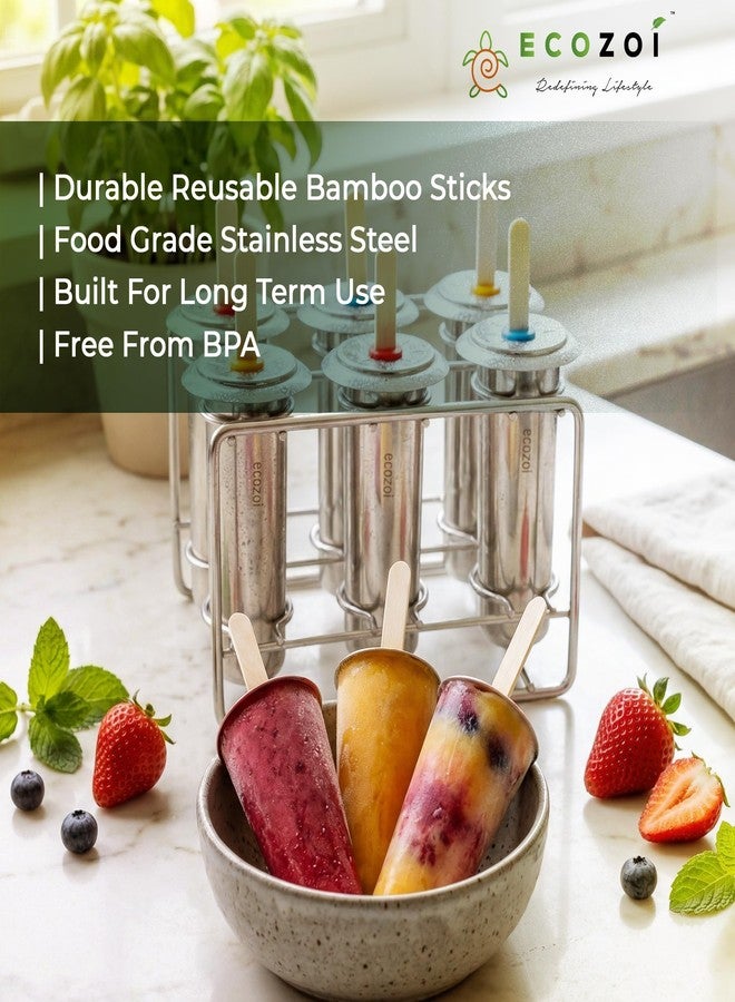 ecozoi Stainless Steel Popsicle Molds, 6 Metal Ice Popsicle Makers, 30 Reusable Bamboo Sticks, 12 Silicone Seals and 1 Rack, Eco Popsicle Molds for Kids and Adults, 3 oz Per Mold (Round) - Image 4