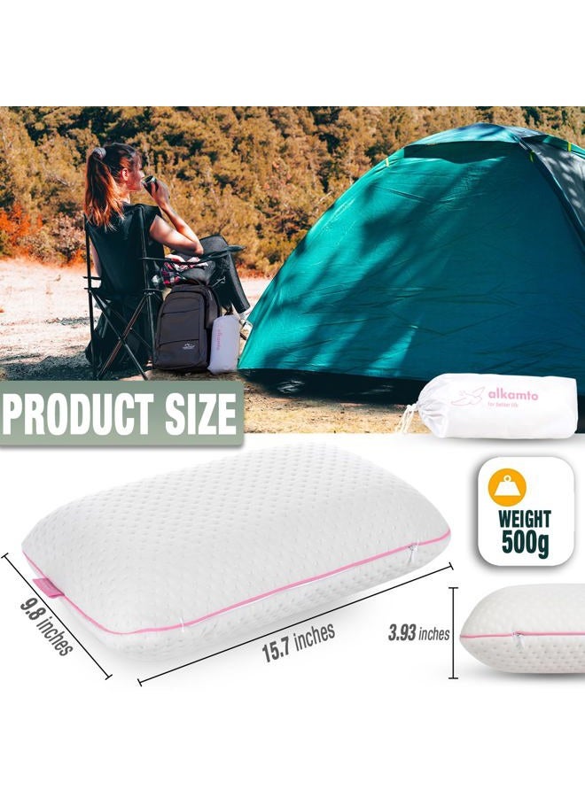 alkamto Memory Foam Pillow for Travel and Camping with Extra Cotton Cover – Easy to Carry Portable Bag (Pink) - Image 2