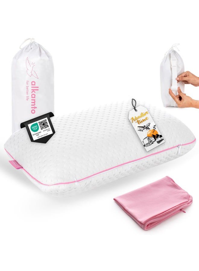 alkamto Memory Foam Pillow for Travel and Camping with Extra Cotton Cover – Easy to Carry Portable Bag (Pink) - Image 1