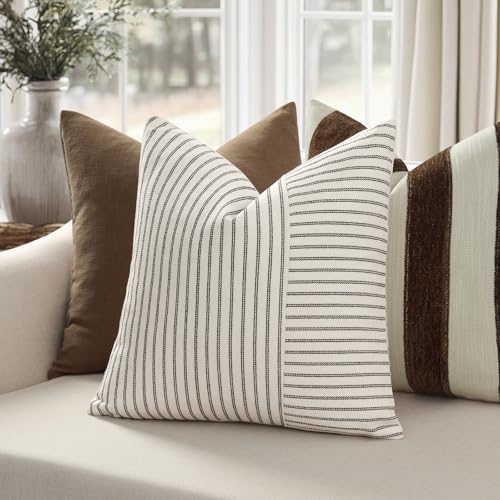 YCOLL Farmhouse Pillow Covers 18x18, Modern Accent Square Throw Pillow Covers Set of 2, Black and Beige Striped Patchwork Linen Decorative Pillows Cushion Covers for Couch Chair Bedroom Fall Decorations - Image 2